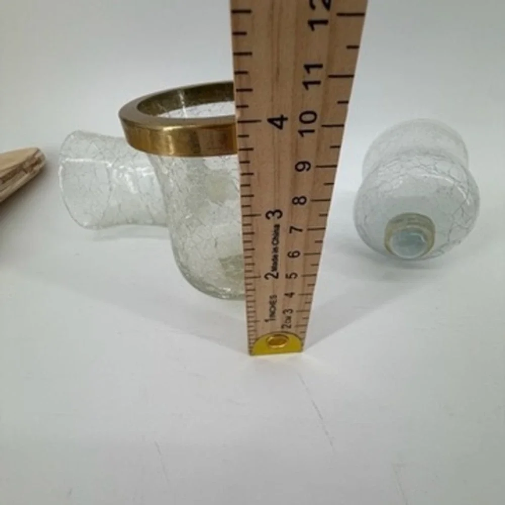 Vintage Crackle Glass Hurricane Candle Shades Set of 3 Brass Rim Peg Base Clear